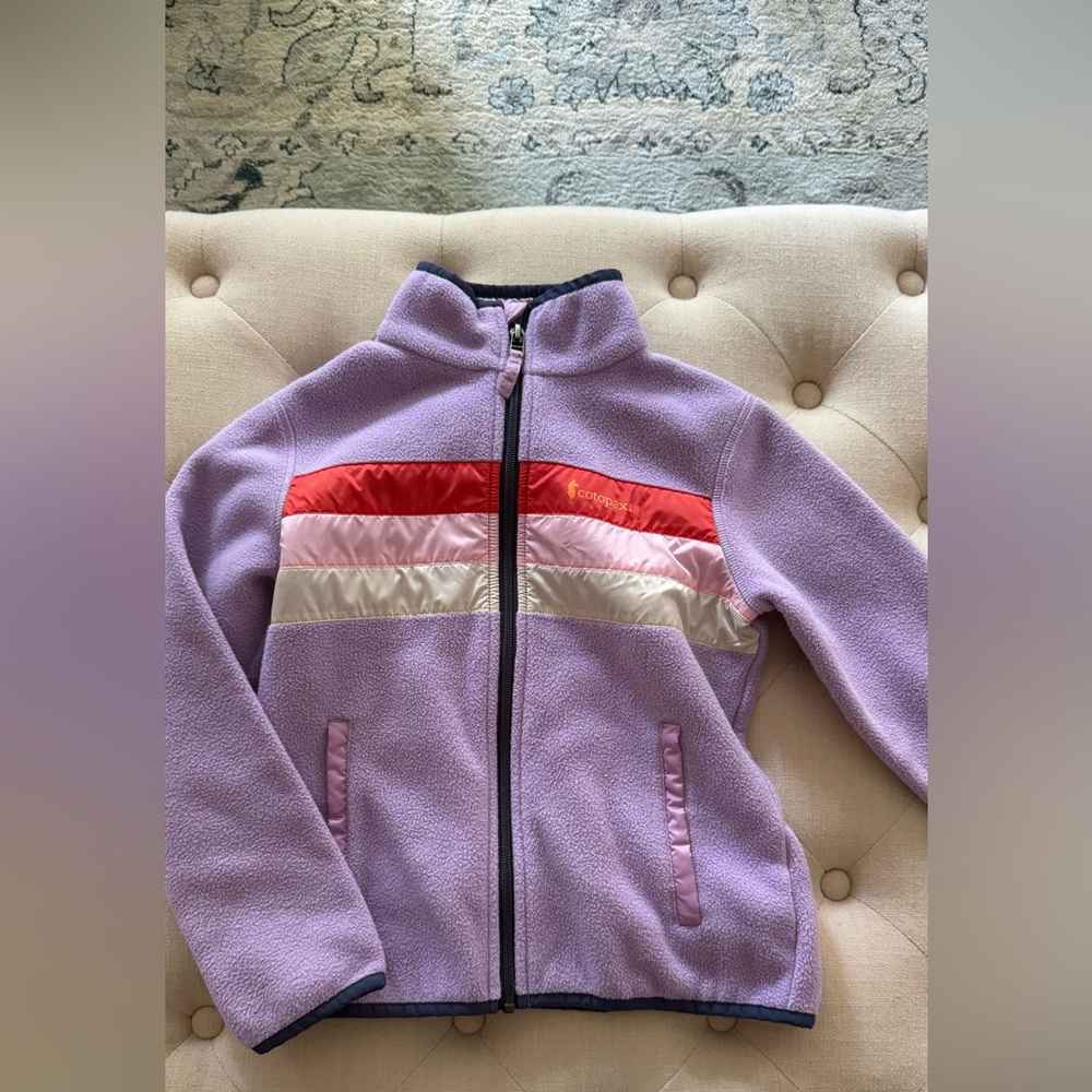 Cotopaxi Purple Fleece Jacket with Red and White Stripes